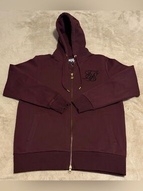 Burgundy SikSilk men's Essentials Full Zip-Up Hoodie with Monogram - Small